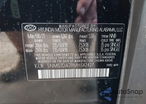 2021 Hyundai Santa Fe Se z USA, uszkodzony, nr VIN 5NMS1DAJ9MH342427